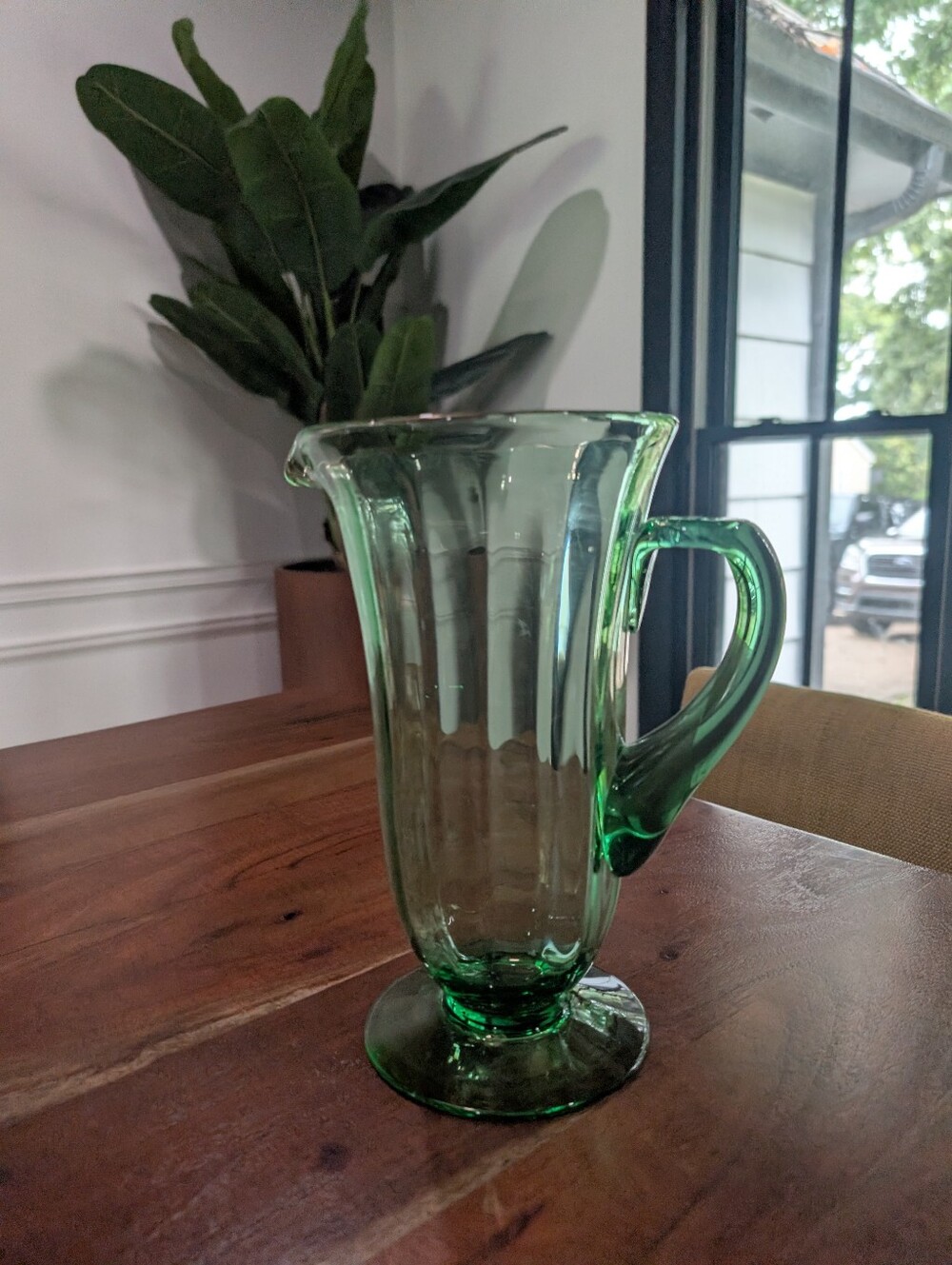 Fostoria Green Glass Pitcher Jug Vaseline Glass Mid Century Green Pitcher